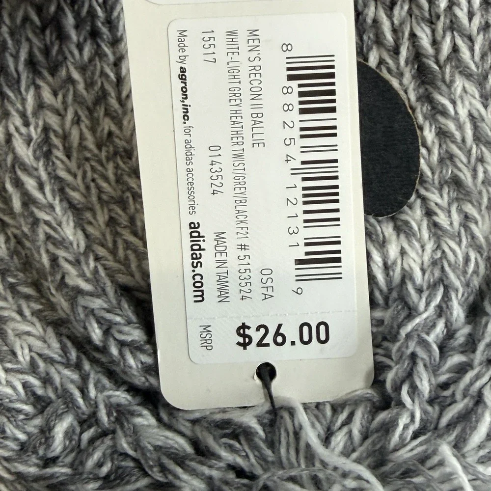 Adidas Men's Grey/White Pom Pom Winter Fleece Lined Beanie Hat Cap Toboggan NWT